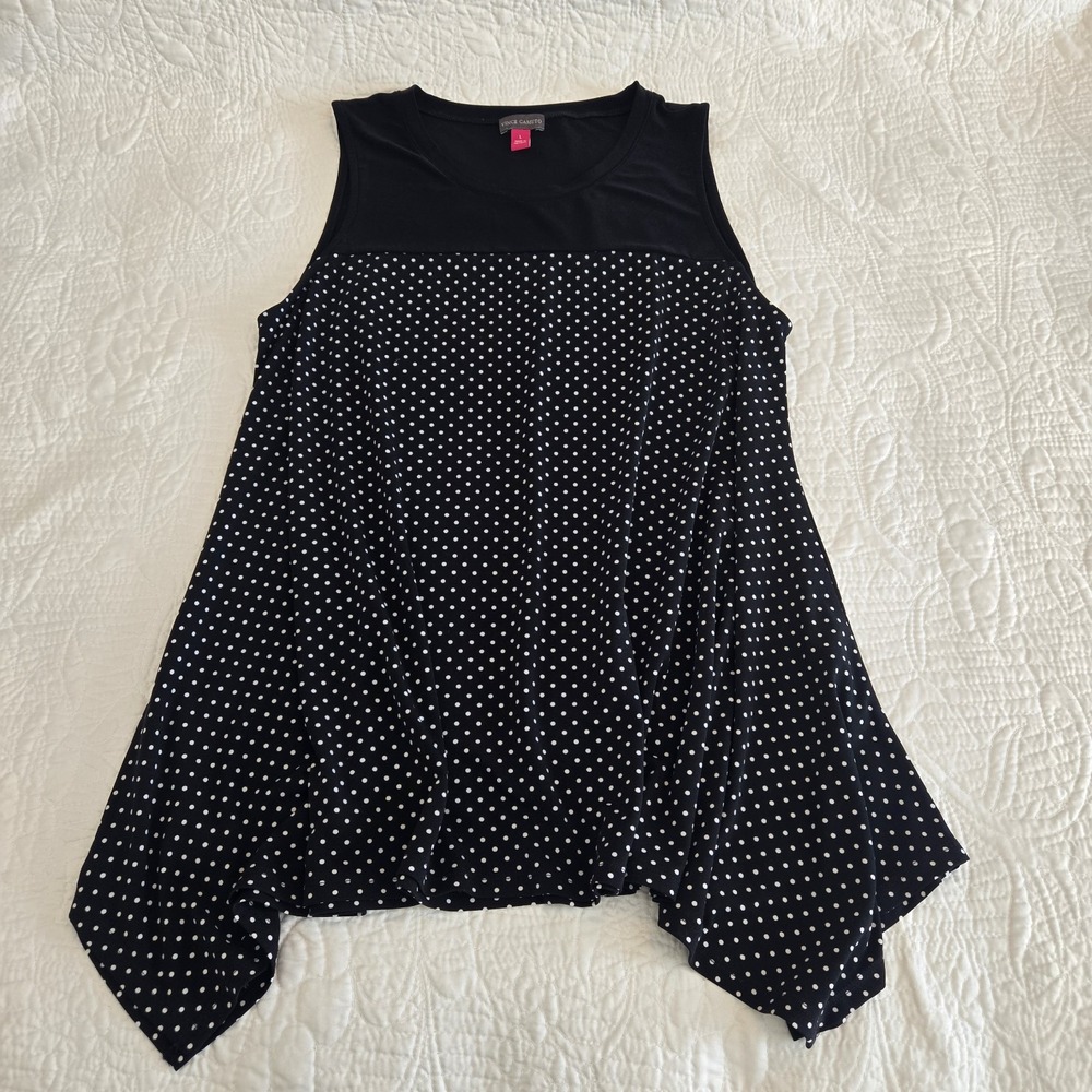 Vince Camuto Tunic‎ Blouse Women's L Polka Dot Asymmetrical Preppy Office Casual